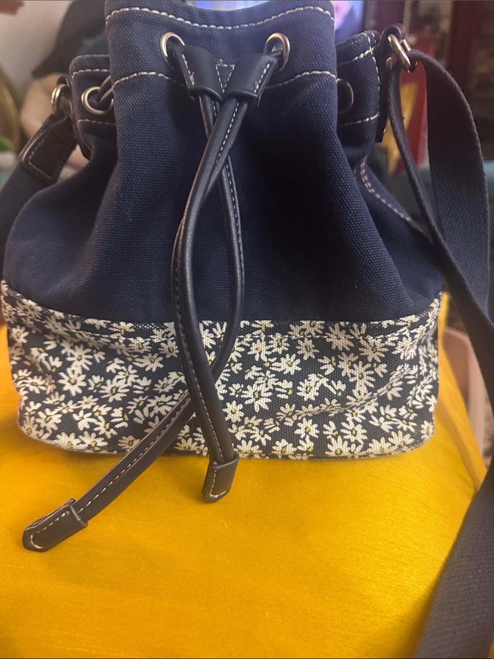 Lands' End Navy Canvas Floral Drawstring Crossbody